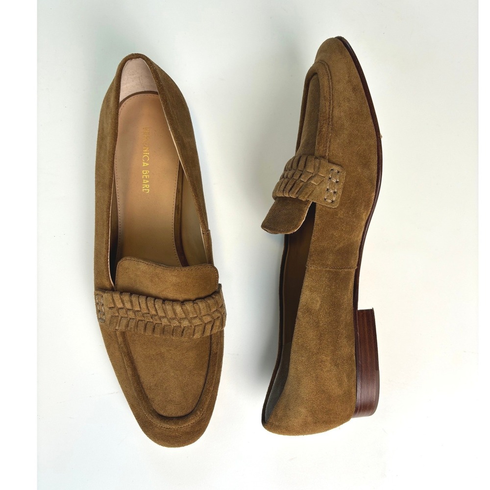 Veronica Beard Penny Woven Loafers Tan Hazelwood Suede Womens 8.5M Preppy Luxe